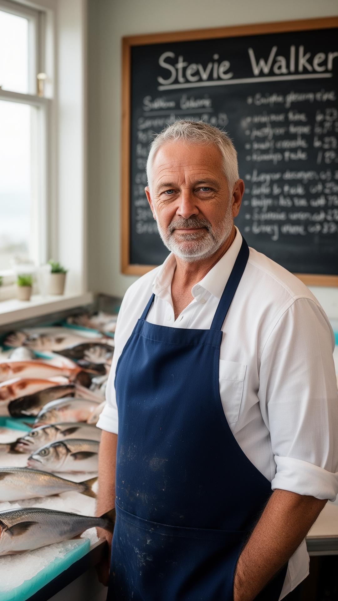Portrait of Stevie Walker, founder of Eatfish, in his navy fishmonger's apron