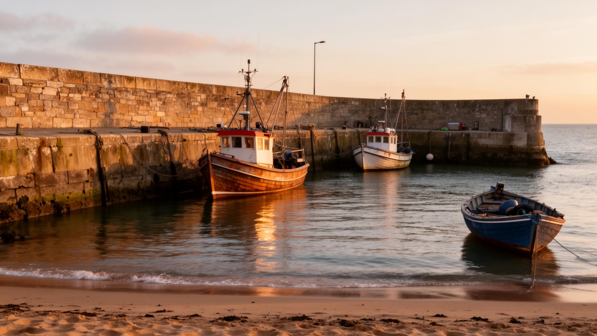 A British coastal fishing harbour at golden hour