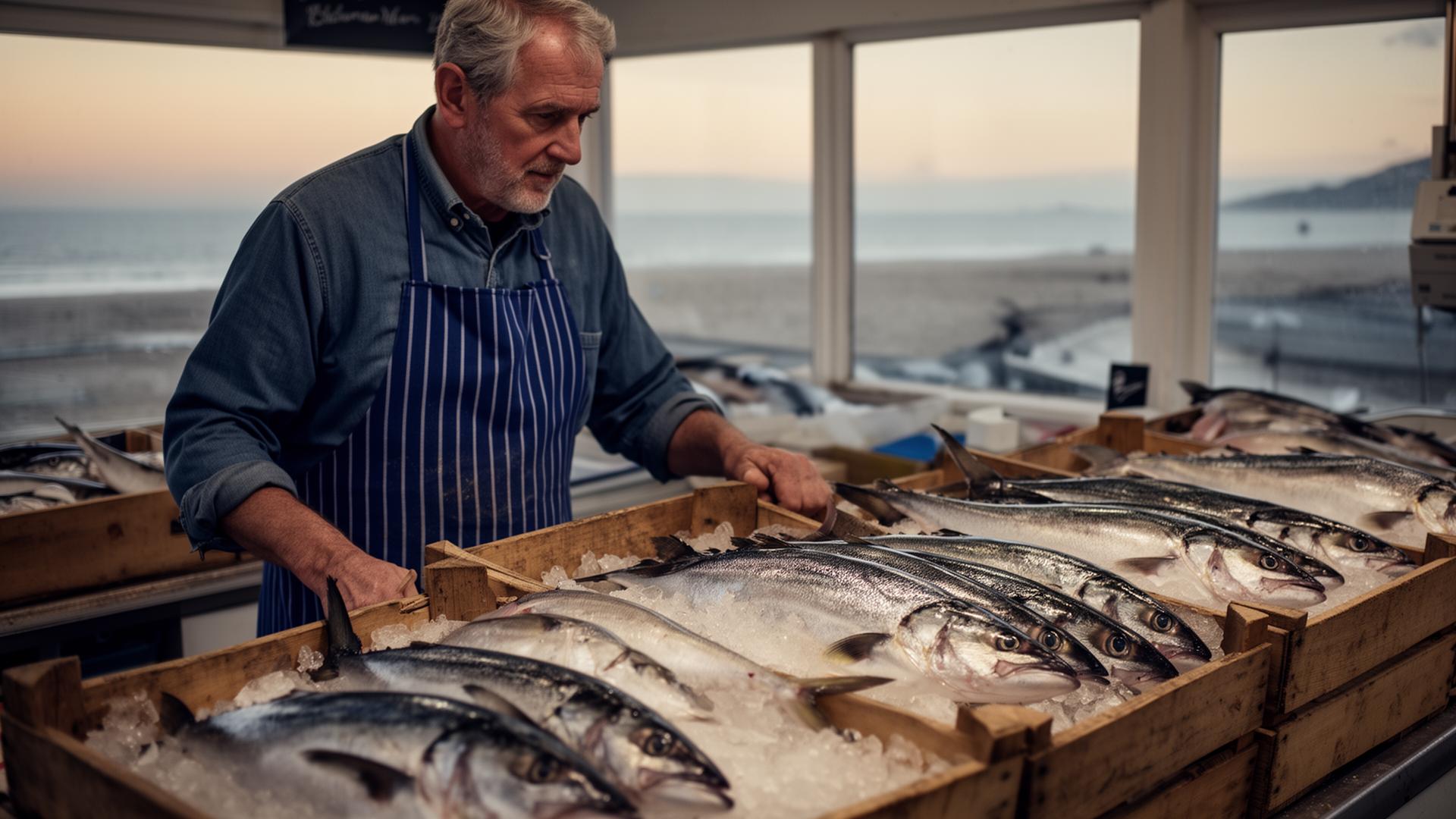 A fishmonger arranging fresh fish on ice at a coastal counter at dawn